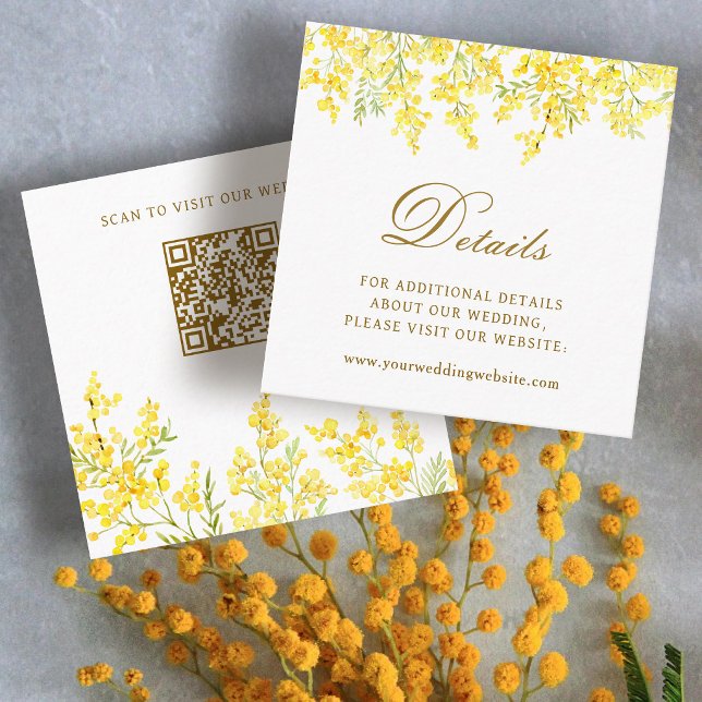 Carte D'accompagnement Code QR des détails de mariage Yellow Mimosa (Créateur téléchargé)