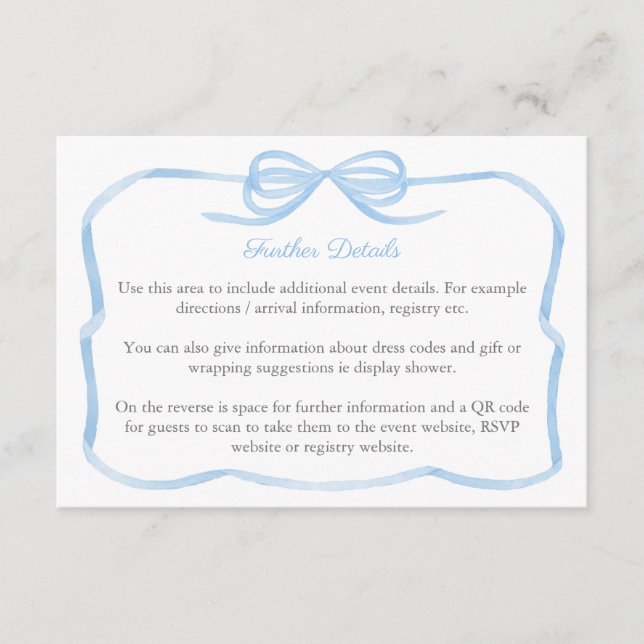 Carte D'accompagnement Code QR des détails du mariage Coquette Blue Bow  (Devant)