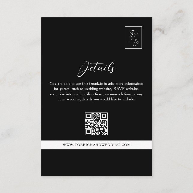 Carte D'accompagnement Code QR des détails du mariage noir et blanc (Devant)