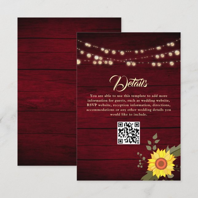 Carte D'accompagnement Code QR des détails du mariage Sunflower (Devant / Derrière)