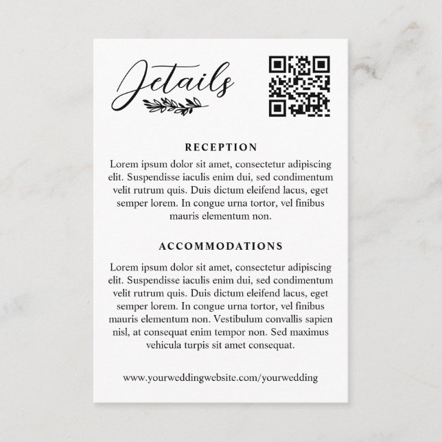 Carte D'accompagnement Code QR des détails élégants de mariage avec une b (Devant)