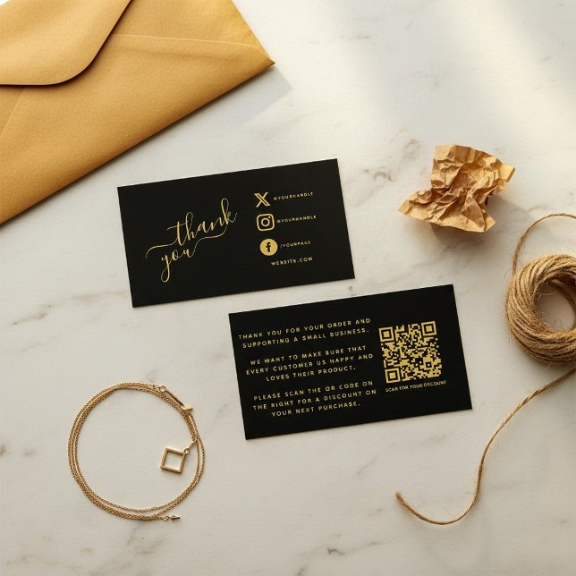 Carte D'accompagnement Code QR des icônes sociales remise de remerciement (Social icons QR code black/gold thank you discount Enclosure Card.)