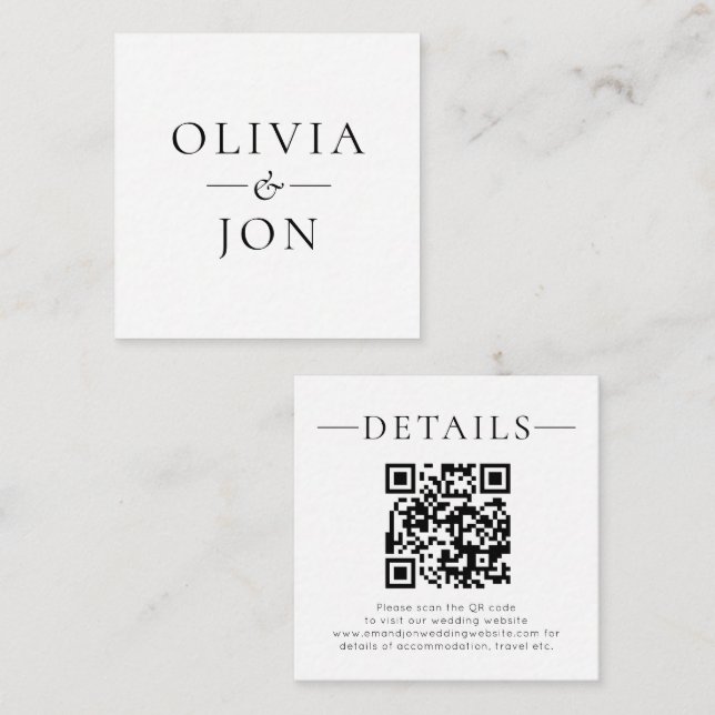 Carte D'accompagnement Code QR des noms modernes Mariage Détails Noir Bla (Devant / Derrière)