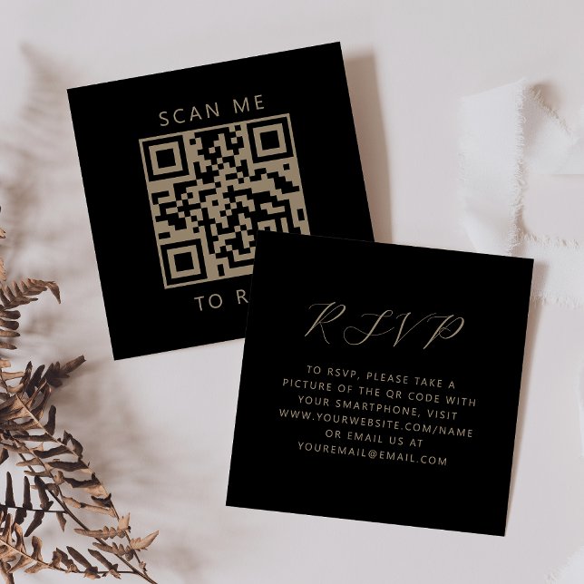 Carte D'accompagnement Code QR du Mariage de script Black Gold Budget RSV (Créateur téléchargé)