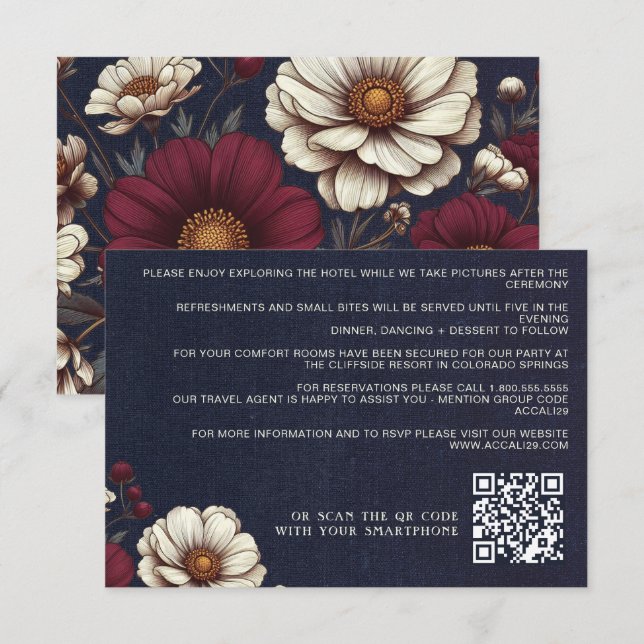 Carte D'accompagnement Code QR du Mariage Floral bleu marine et bourgogne (Devant / Derrière)