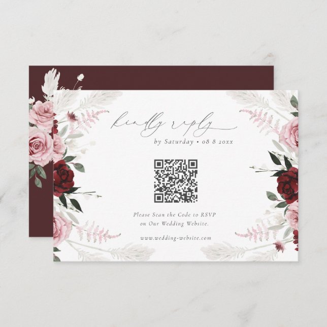 Carte D'accompagnement Code QR du Mariage Floral Bourgogne RSVP (Devant / Derrière)
