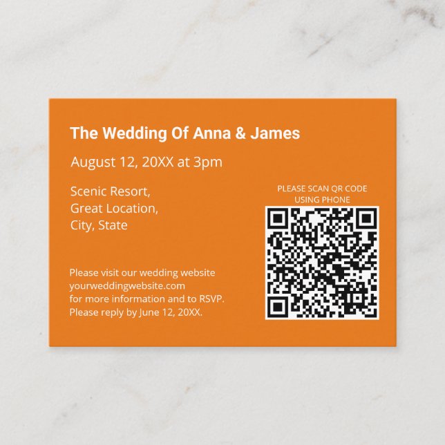 Carte D'accompagnement Code QR du Mariage orange moderne (Devant)