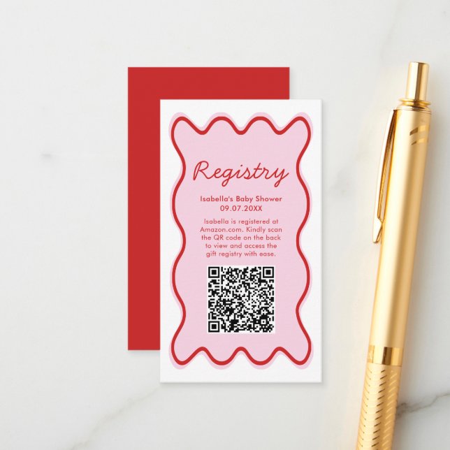 Carte D'accompagnement Code QR du registre de Baby shower rouge rose ondu (Devant/Arrière en situation)
