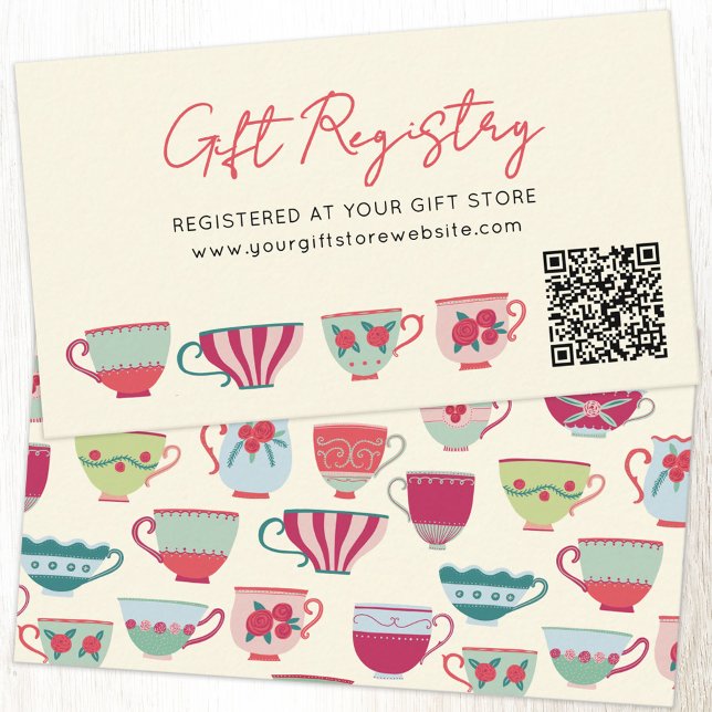 Carte D'accompagnement Code QR du registre de cadeaux de mariage à la tas (Teacup tea party themed gift registry enclosure card with QR code)