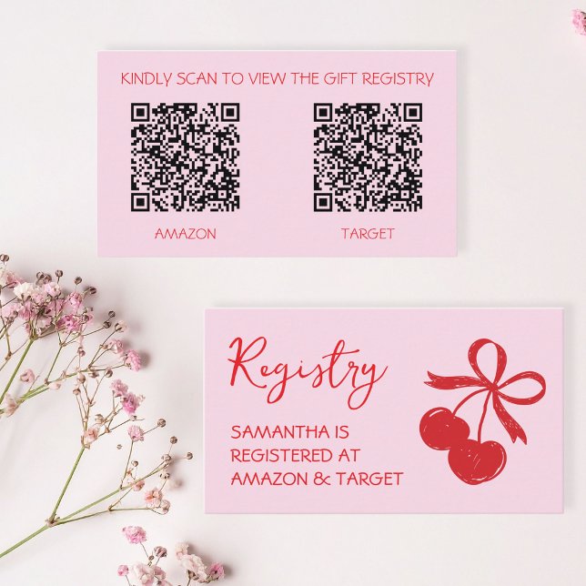 Carte D'accompagnement Code QR du registre de cadeaux de mariage Cherry (Cherry Bridal Shower Gift Registry QR Code Enclosure Card)