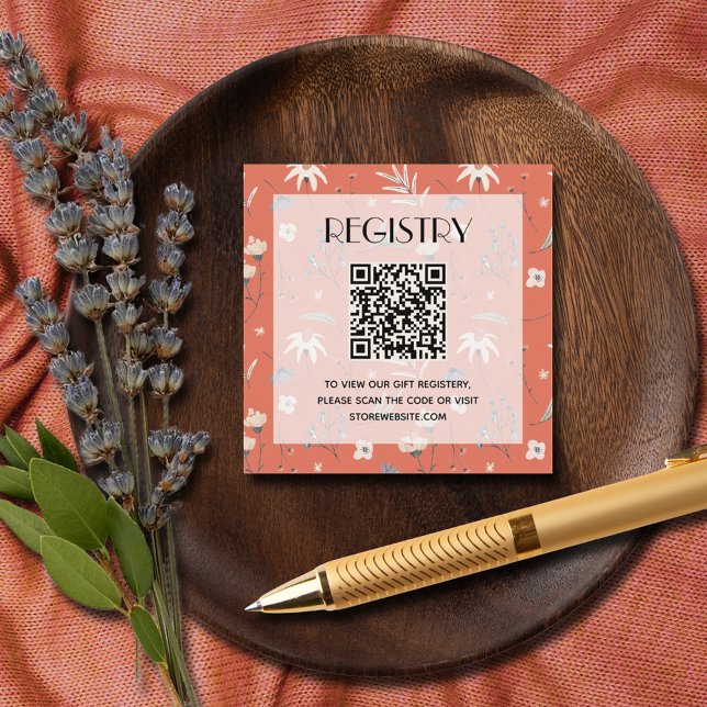 Carte D'accompagnement Code QR du registre de douche de bébé Fleur sauvag (Wildflowers on terracotta gender neutral baby shower gift registry QR Code enclosure cards)