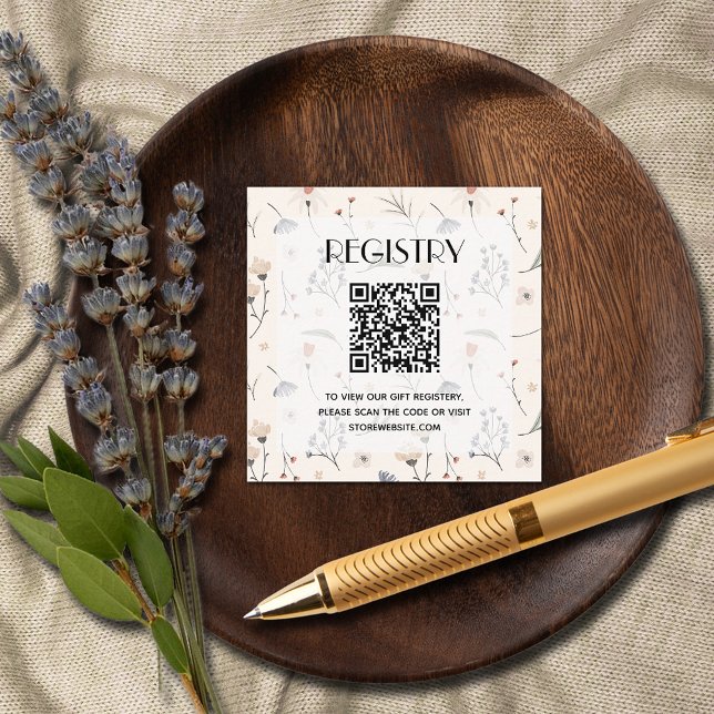 Carte D'accompagnement Code QR du registre des Baby showers fleur sauvage (Wildflowers on Ivory Baby Shower Registry QR Code Enclosure Cards)