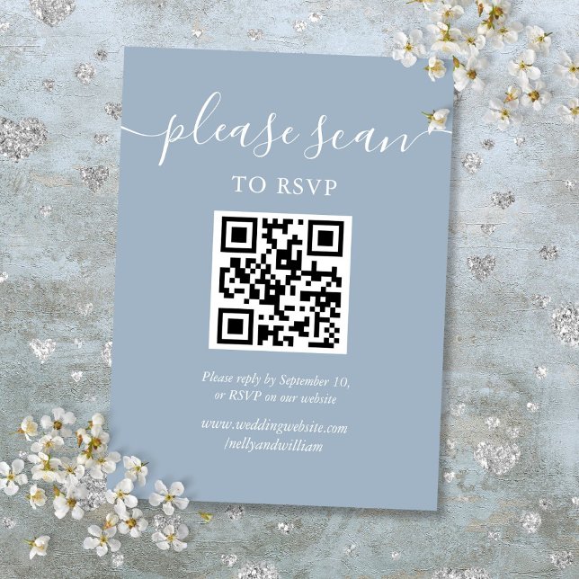 Carte D'accompagnement Code QR du script bleu Dusty RSVP (Dusty Blue Script RSVP QR Code Enclosure Card)