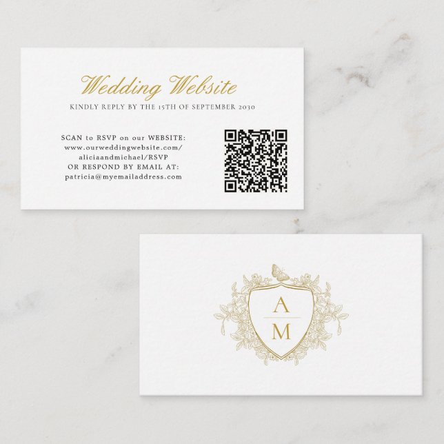 Carte D'accompagnement Code QR du site web de mariage blason monogramme m (Devant / Derrière)