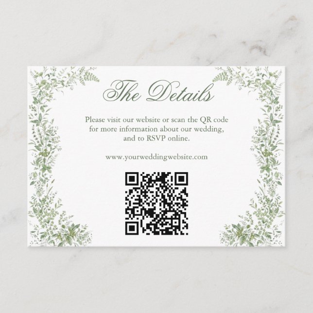 Carte D'accompagnement Code QR du site Web de mariage botanique vert saug (Devant)