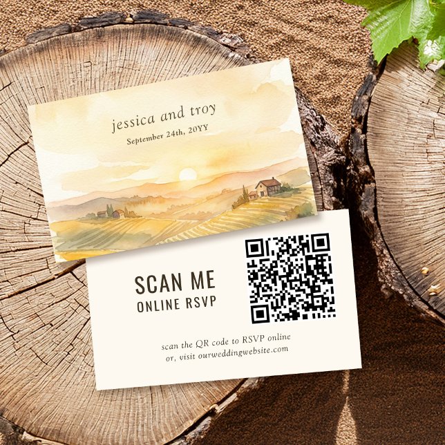 Carte D'accompagnement Code QR du site Web de mariage de paysage de vigno (Online RSVP QR Card from the Sunset Vineyard wedding collection by Darling & May)