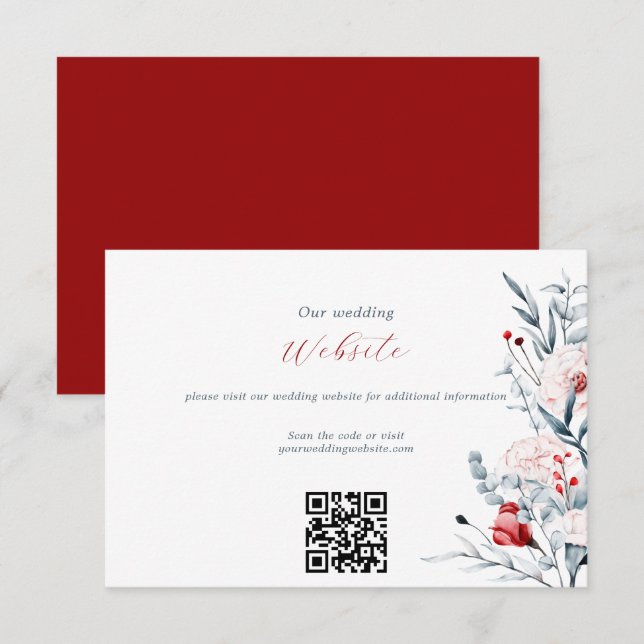 Carte D'accompagnement Code QR du site Web de mariage floral Fleur rouge  (Devant / Derrière)