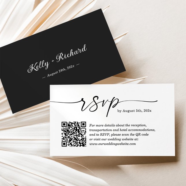Carte D'accompagnement Code QR du site Web de RSVP de mariage noir blanc  (Créateur téléchargé)