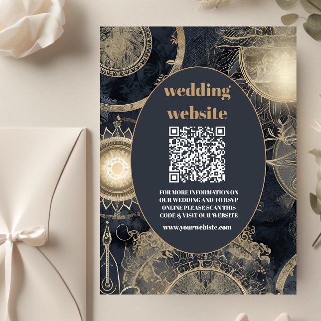 Carte D'accompagnement code QR Élégant Mariage Céleste Argent Or (Créateur téléchargé)