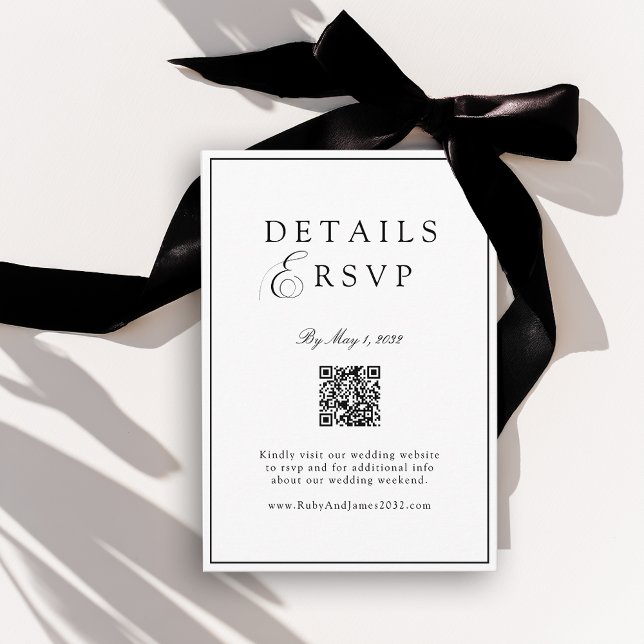 Carte D'accompagnement Code QR élégant royal blanc et noir pour réponse d (Elegant Royal White & Black QR Code Wedding RSVP Enclosure Card)