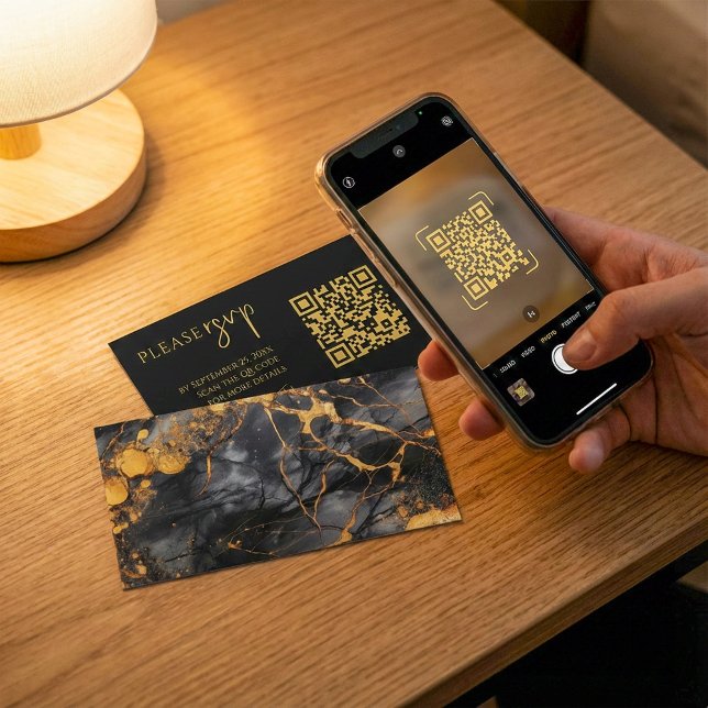 Carte D'accompagnement Code QR en marbre noir et or pour RSVP mariage (Black and gold marble QR code for weddings RSVP Enclosure Card)