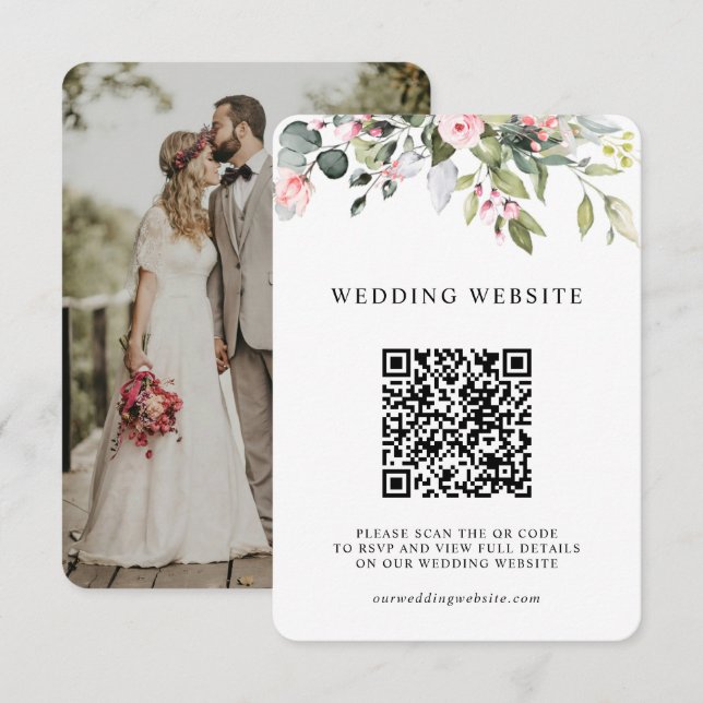 Carte D'accompagnement Code QR et photo de mariage de feuillage de verdur (Devant / Derrière)