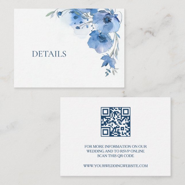 Carte D'accompagnement Code QR Fleur Aquarelle Bleue  (Devant / Derrière)