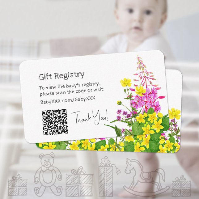 Carte D'accompagnement Code QR Fleur sauvage du registre des cadeaux de b (Yellow Pink Wildflower Baby Shower Gift Registry Enclosure Card ©Susanne Sachers - Sunny Mind Design)