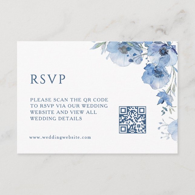 Carte D'accompagnement Code QR | Fleurs bleues artistiques (Devant)
