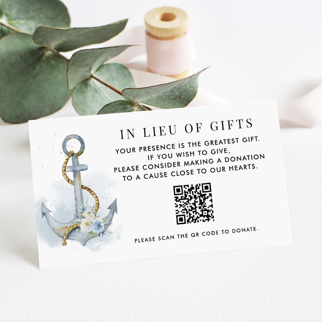 Carte D'accompagnement Code QR Fleurs Bleues et Blanches Ancre Au lieu de (Share your in-lieu-of-gifts request with a simple QR code and elegant floral anchor design.)