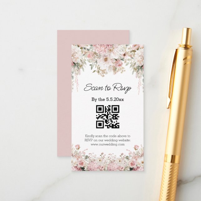 Carte D'accompagnement code QR floral aquarelle rose rsvp mariage (Devant/Arrière en situation)