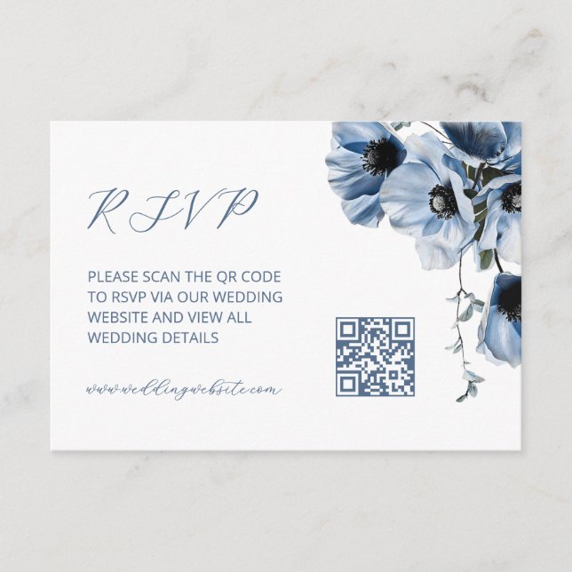 Carte D'accompagnement Code QR |  Floral Bleu (Devant)