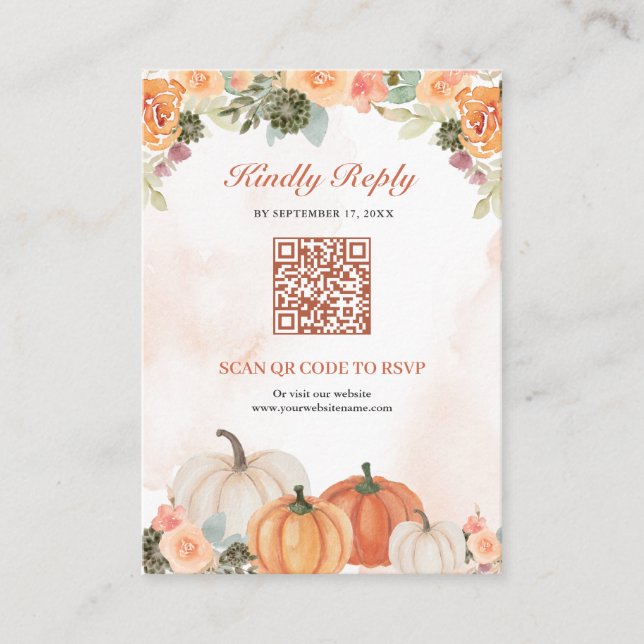Carte D'accompagnement Code QR Floral Citrouille Orange Réponse Mariage (Devant)