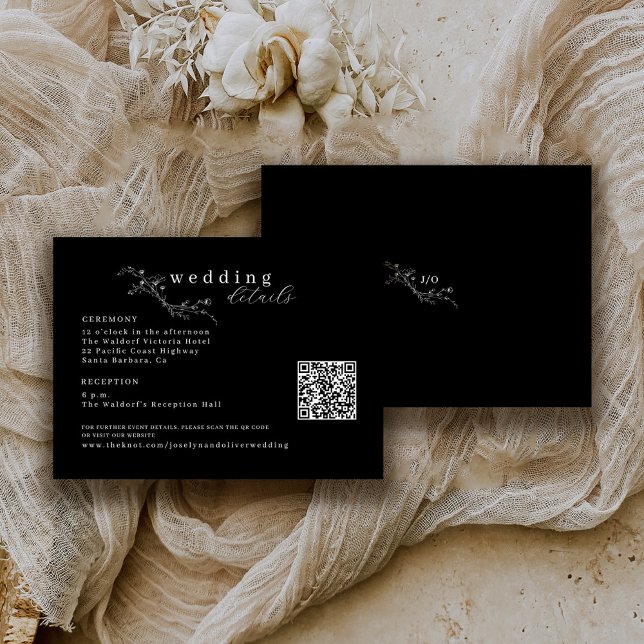 Carte D'accompagnement Code QR floral esquissé blanc sur Mariage noir (Créateur téléchargé)