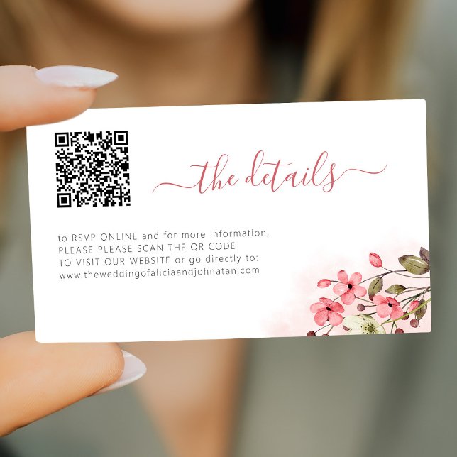 Carte D'accompagnement Code QR floral rose détails du site web mariage (Créateur téléchargé)
