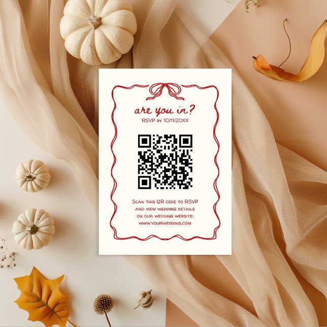 Carte D'accompagnement Code QR illustré à la main rouge RSVP (RSVP informal QR code French Vintage Hand illustrated Bow Retro Red Elegant)