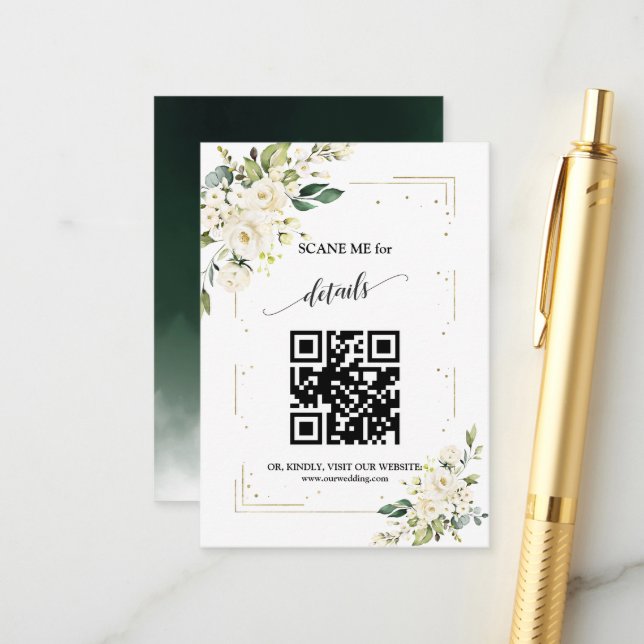 Carte D'accompagnement Code QR Mariage Blanc Floral Or (Devant/Arrière en situation)