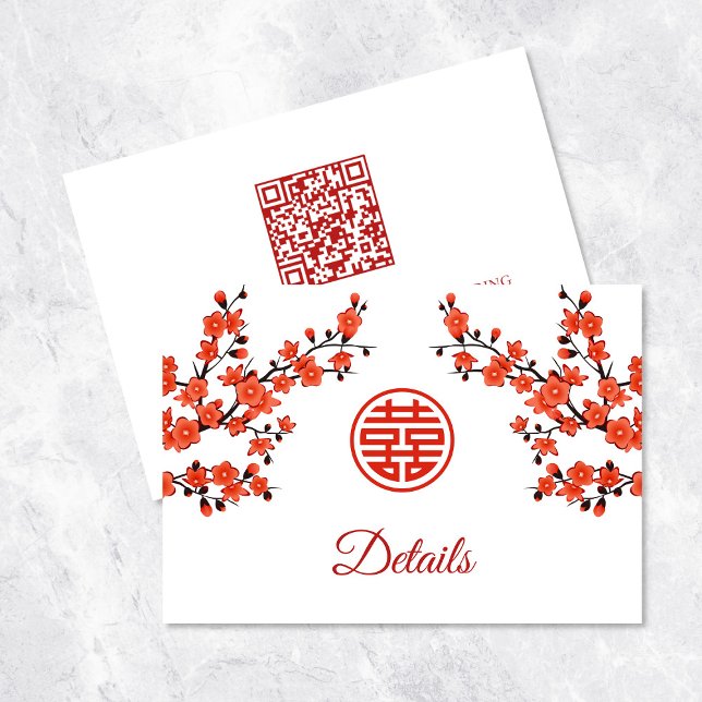 Carte D'accompagnement Code QR | Mariage chinois blanc rouge cerisier (Créateur téléchargé)
