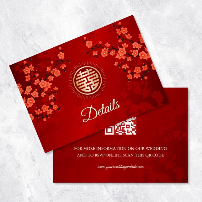 Carte D'accompagnement Code QR | Mariage chinois en fleurs de cerisiers r (Créateur téléchargé)