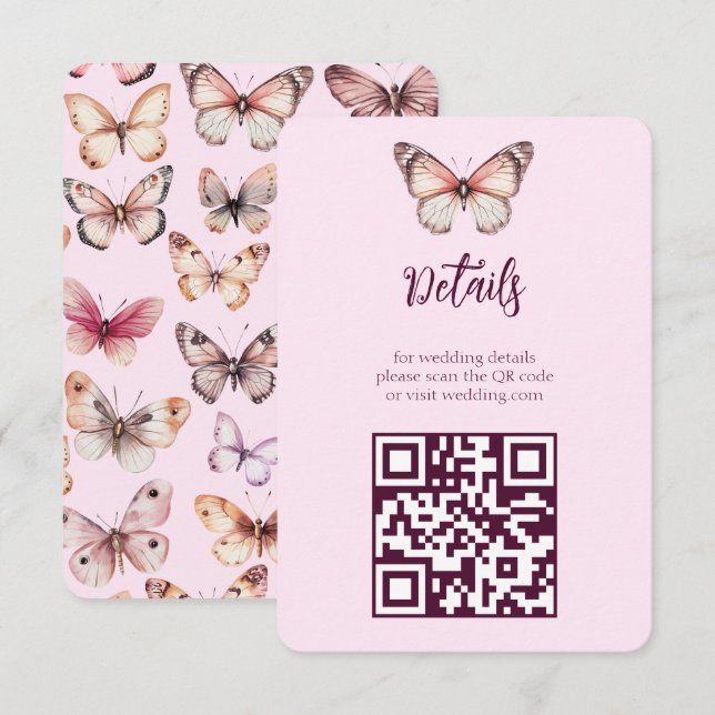 Carte D'accompagnement Code QR Mariage CUSTOM Elegant Butterflies (Devant / Derrière)