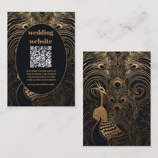 Carte D'accompagnement code qr Mariage élégant Art Déco Peacocks (Devant / Derrière)