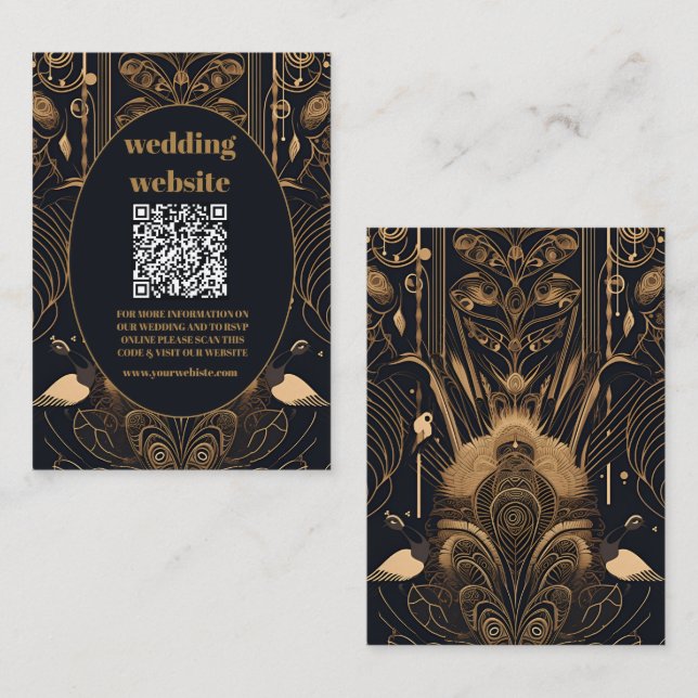 Carte D'accompagnement code qr Mariage élégant Art Déco Peacocks (Devant / Derrière)