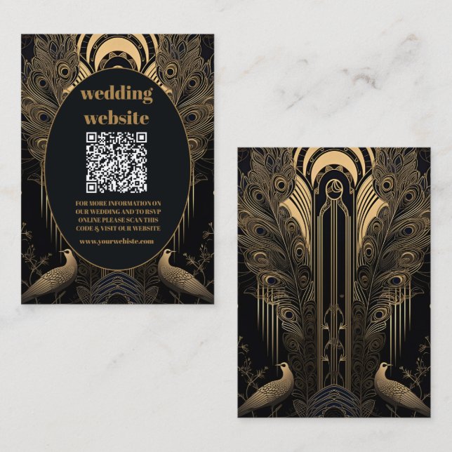 Carte D'accompagnement code qr Mariage élégant Art Déco Peacocks (Devant / Derrière)
