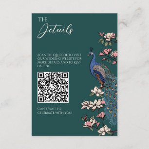 Carte D'accompagnement Code QR Mariage Paon Turquoise Émeraude