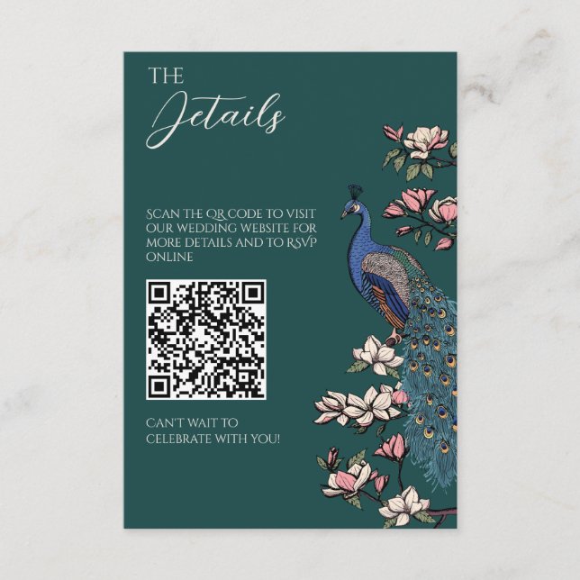 Carte D'accompagnement Code QR Mariage Paon Turquoise Émeraude (Devant)