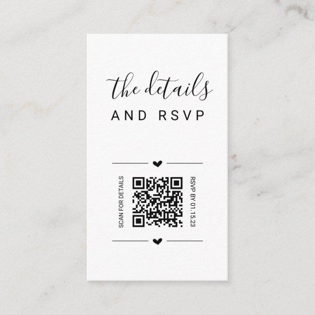 Carte D'accompagnement Code QR Mariage unique RSVP et détails (Devant)
