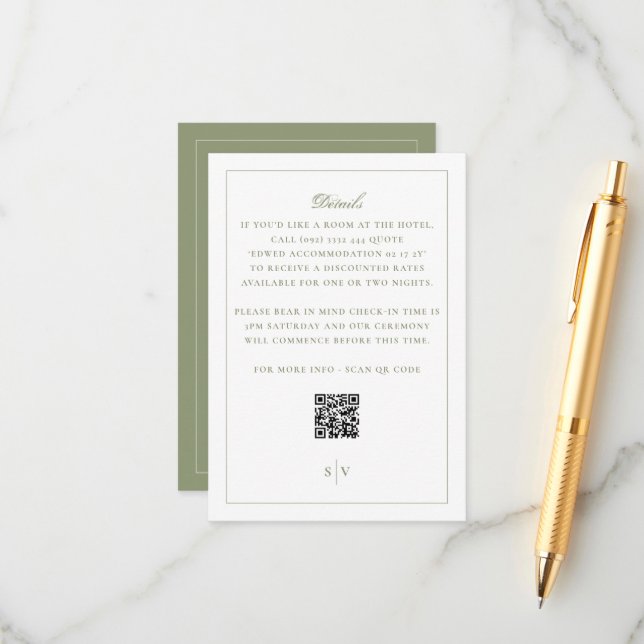 Carte D'accompagnement Code QR Mariage Vert Mousse Formel (Devant/Arrière en situation)