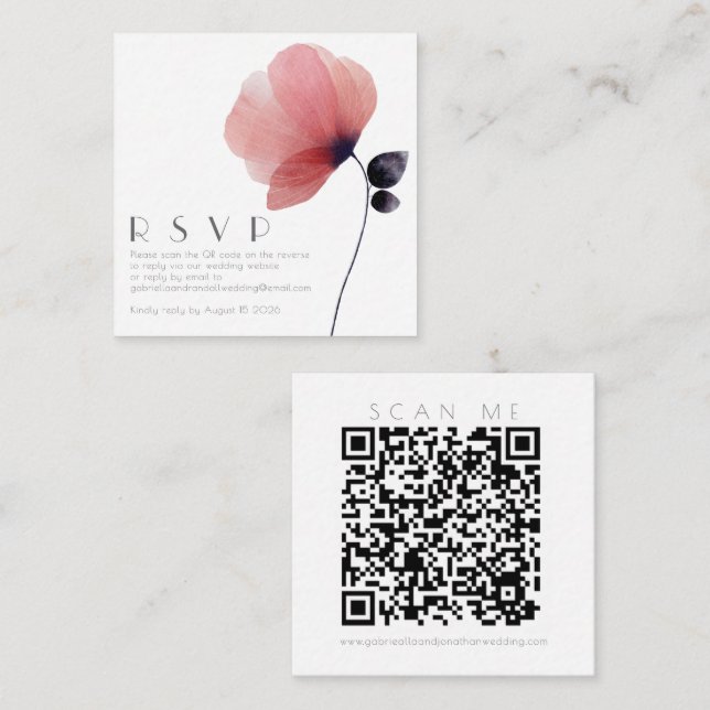 Carte D'accompagnement Code QR moderne Aquarelle Poppy Mariage RSVP (Devant / Derrière)