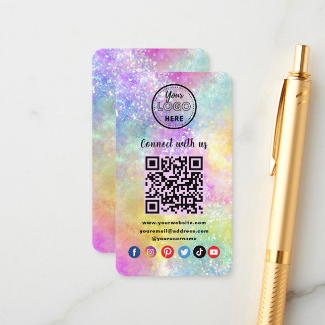 Carte D'accompagnement Code QR moderne Connectez-vous avec nous Holo Opal (Devant/Arrière en situation)