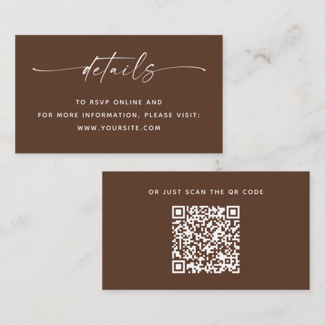 Carte D'accompagnement Code QR Moderne Mariage Détails Marron Chocolat (Devant / Derrière)